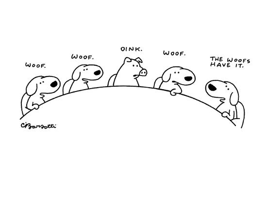 four dogs and a pig are sitting around a table first dog woof